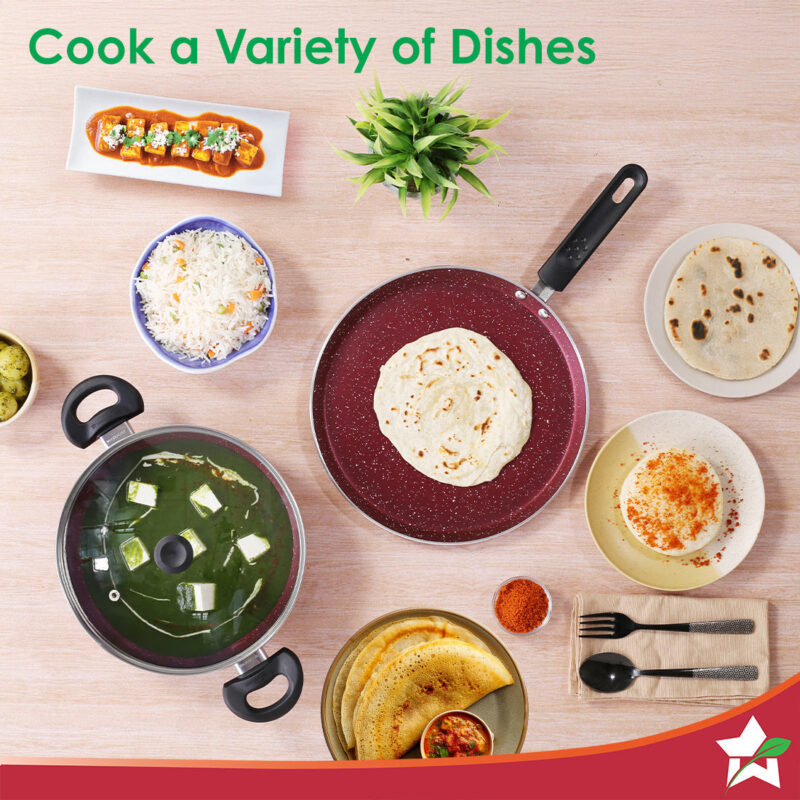 Bandhan Non-stick Cookware 3 Pcs.Set | Dosa Tawa,Kadhai and Lid | 100% PFOA free Coating | Pure Grade Virgin Aluminium | Compatible with Multiple Cooktops | Red and Purple | 2 Year Warranty - Image 6