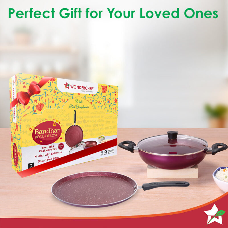 Bandhan Non-stick Cookware 3 Pcs.Set | Dosa Tawa,Kadhai and Lid | 100% PFOA free Coating | Pure Grade Virgin Aluminium | Compatible with Multiple Cooktops | Red and Purple | 2 Year Warranty - Image 7