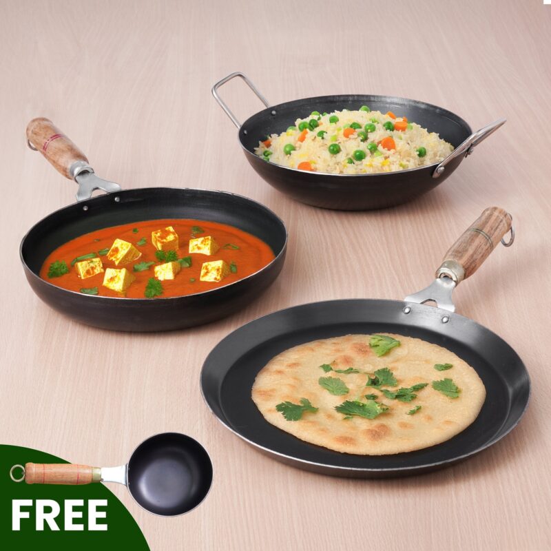 100% Pure Iron Cookware Set: Kadai+ Tawa+ Fry Pan, Toxin-free Sheet Iron, Pre-seasoned, Induction & Gas, Kitchen Set for Home, Free ₹400 Tadka Pan - Image 24