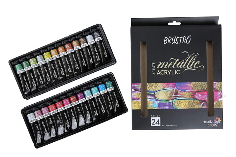 Brustro Artists’ Metallic Acrylic Set of 24 and Taklon Brush Set of 10 with 4 Canvas Boards