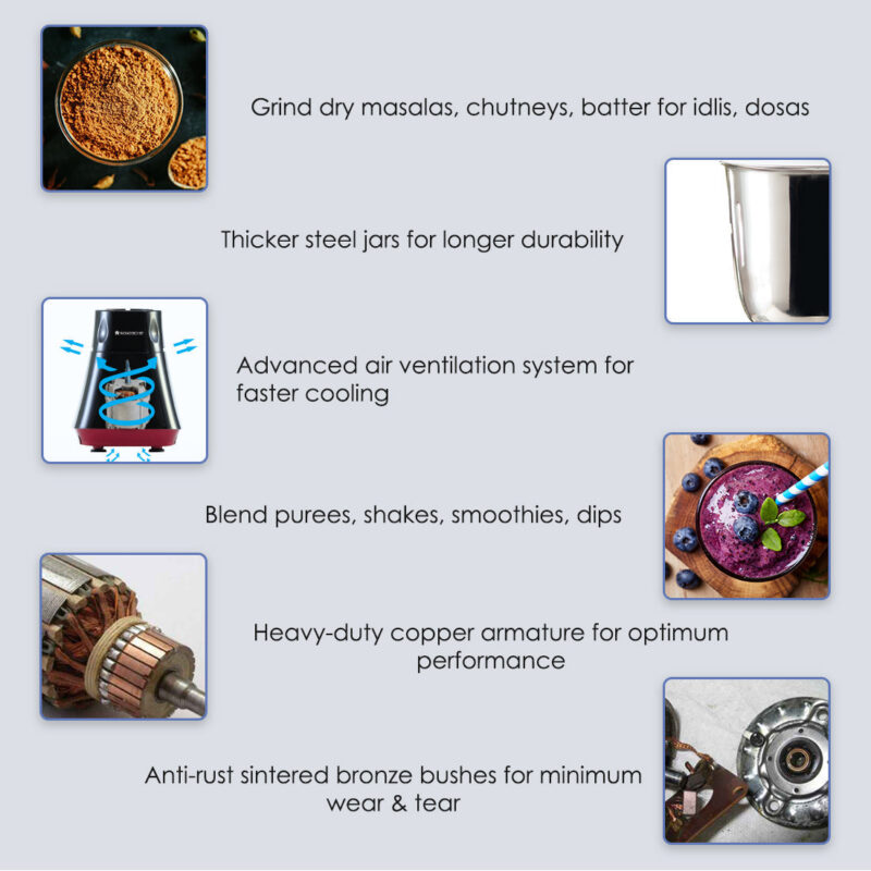 Wonderchef Renewed Vietri Mixer Grinder | 550W | 3 Anti-rust Stainless Steel Jars and Blades | 3-speed Knob - Image 10