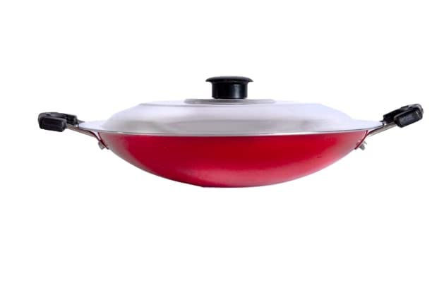 Home-pro Non-Stick Aluminium Appachetty with Steel Lid, Deep Round Bottom Appachatti, Appachatty with Steel Lid, Residue Free, Red