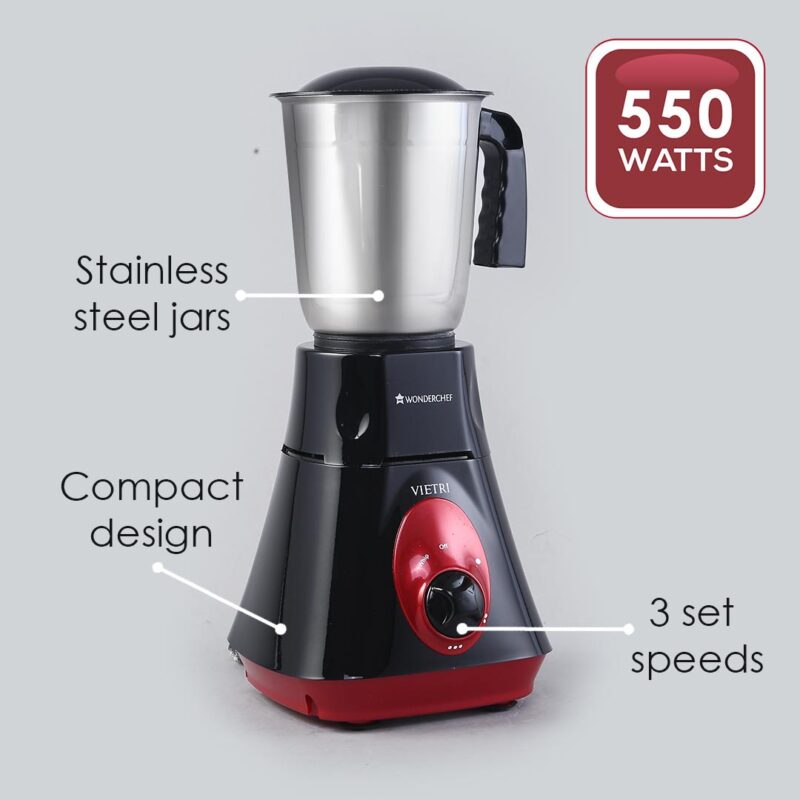 Wonderchef Renewed Vietri Mixer Grinder | 550W | 3 Anti-rust Stainless Steel Jars and Blades | 3-speed Knob - Image 2