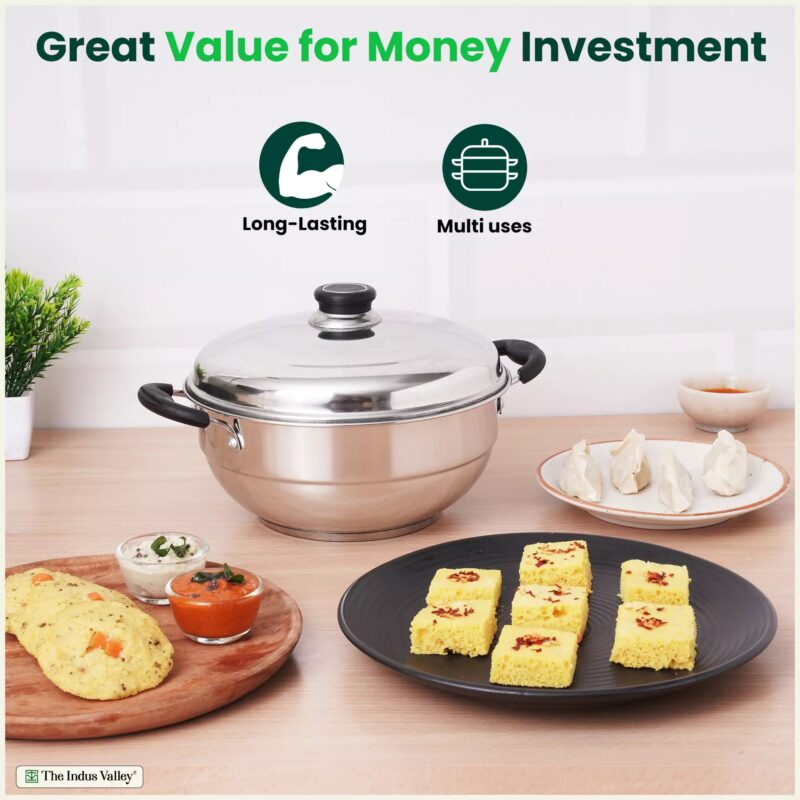 4 Pit Tri-Steel Premium Stainless Steel Idli/ Dhokla/ Momo Maker/ Multi Pot/ Veg Steaming Set, Tri-ply Induction Bottom, 5 Plates, 3L - Image 3
