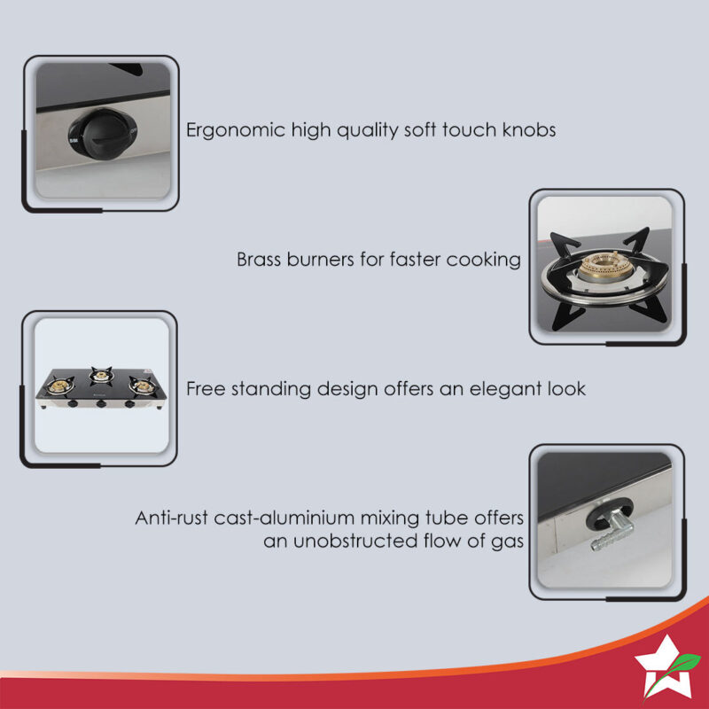 Energy 3 Burner Glass Cooktop, Black 8mm Toughened Glass  with 1 Year Warranty, Soft Touch Knobs, Efficient Brass Burners, Stainless Steel Double Drip Tray - Image 2