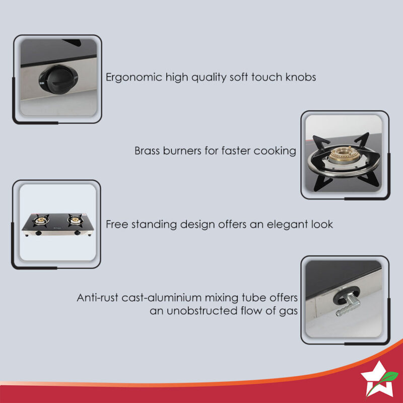 Energy 2 Burner Glass Cooktop, Black 8mm Toughened Glass  with 1 Year Warranty, Soft Touch Knobs, Efficient Brass Burners, Stainless Steel Double Drip Tray - Image 2