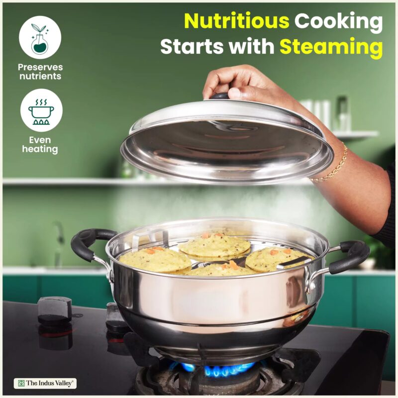 4 Pit Tri-Steel Premium Stainless Steel Idli/ Dhokla/ Momo Maker/ Multi Pot/ Veg Steaming Set, Tri-ply Induction Bottom, 5 Plates, 3L - Image 4