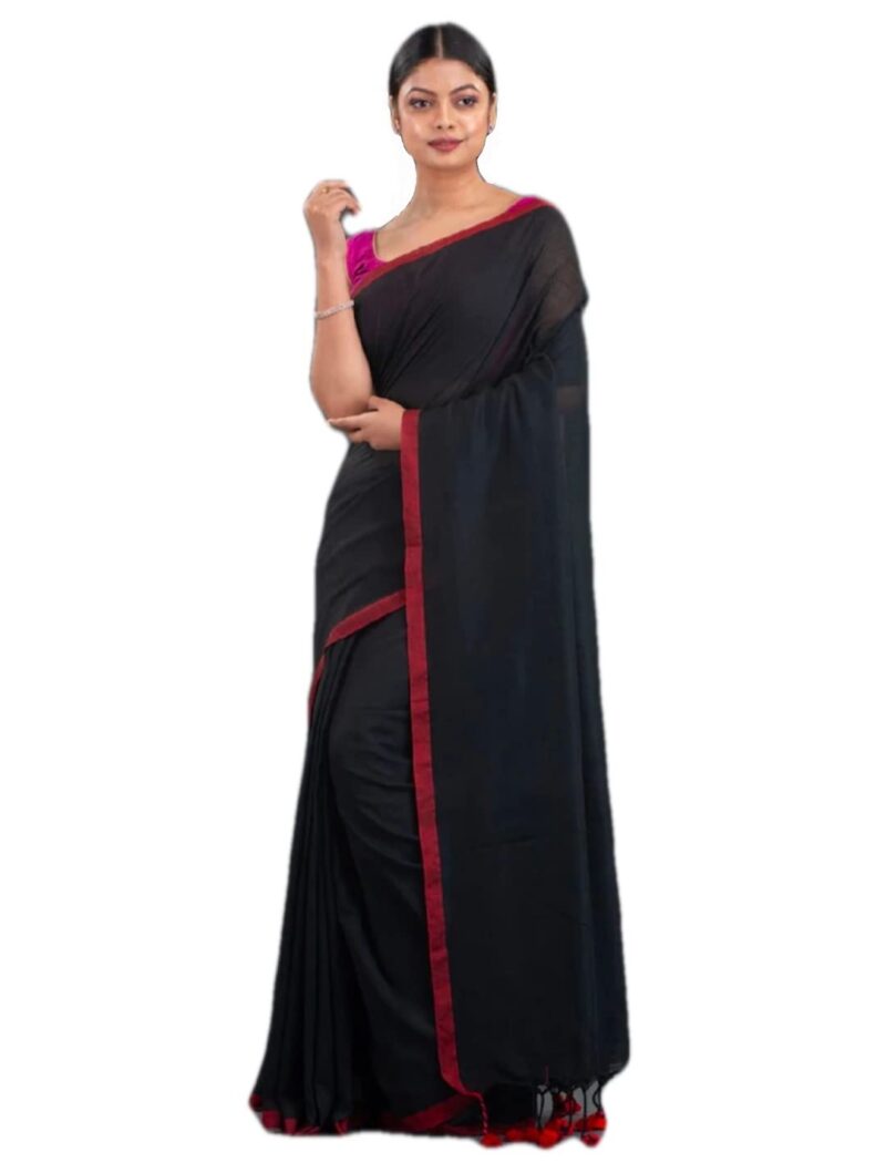 OISHANI SAREE GHOR Women's Traditional Bengal Cotton Handloom Black Saree, (OSG_Black_138)
