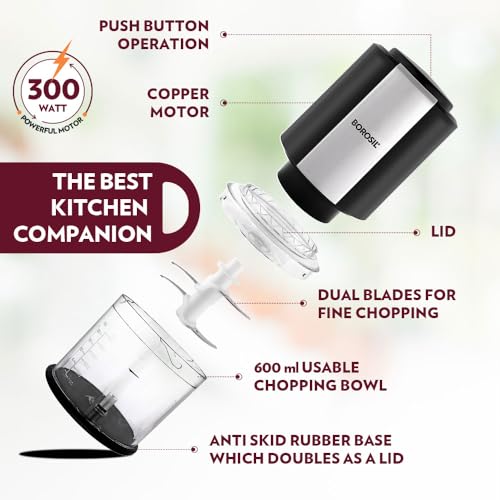 Borosil Chef Delite 300 Watts Electric Chopper for Kitchen, Twin Blade Technology, 600 ml 'chop-n-store' plastic bowl with lid, Vegetable Chopper, Cutter, Chop, Mince, Dice, Whisk, Blend - Image 4