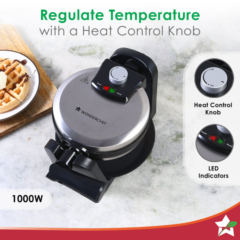 1000 Watt Belgian Waffle Maker | Non-stick Plates| Adjustable Temperature Control | Stainless Steel Body | 180 Degree Rotating Function For Uniform Baking | 1 Year Warranty | Steel & Black - Image 3