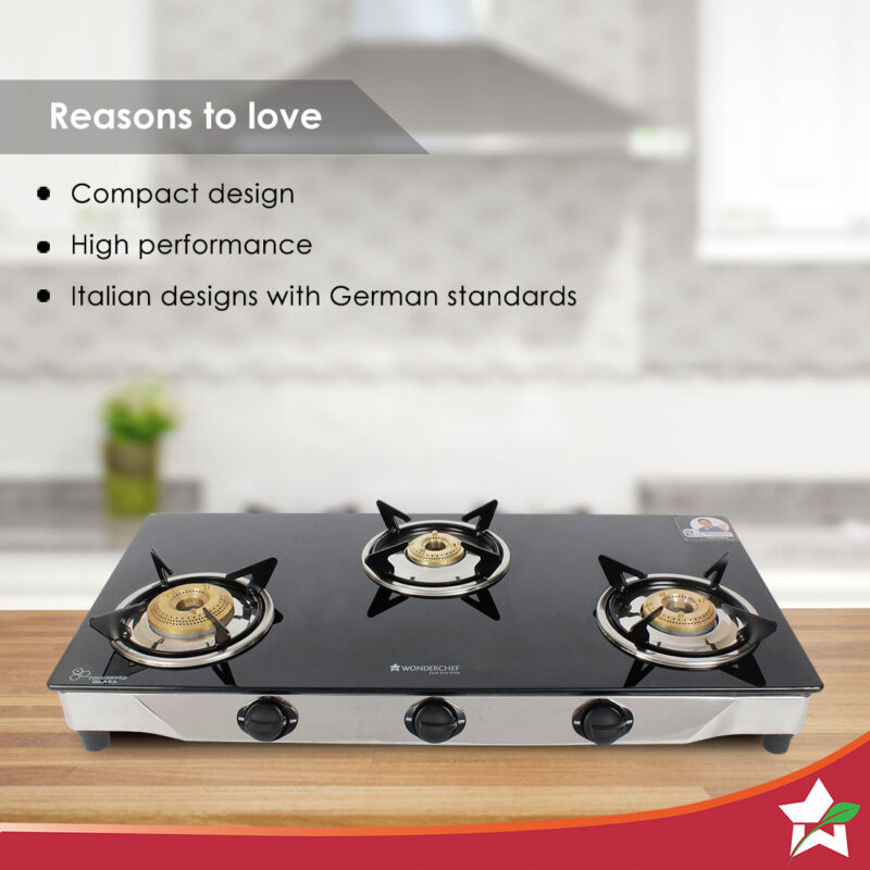 Energy 3 Burner Glass Cooktop, Black 8mm Toughened Glass  with 1 Year Warranty, Soft Touch Knobs, Efficient Brass Burners, Stainless Steel Double Drip Tray - Image 3