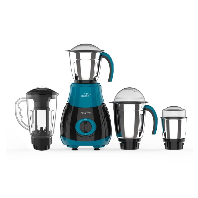V-Guard AG 754 750 Watt Juicer Mixer Grinder, 3 Year Motor Warranty By V-Guard,4 Jars(Chutney, Dry, Wet & Juicer), Sturdy Juicer Jar with QuadraFlow Design, PrecisionBlend SS Blades, Blue-Black