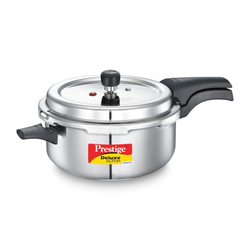 Prestige 5L Deluxe Alpha Svachh stainless steel Pressure Cooker|Outer lid|Ideal for 5-7 persons|Deep lid for spillage control|Gas & induction compatible|Silver