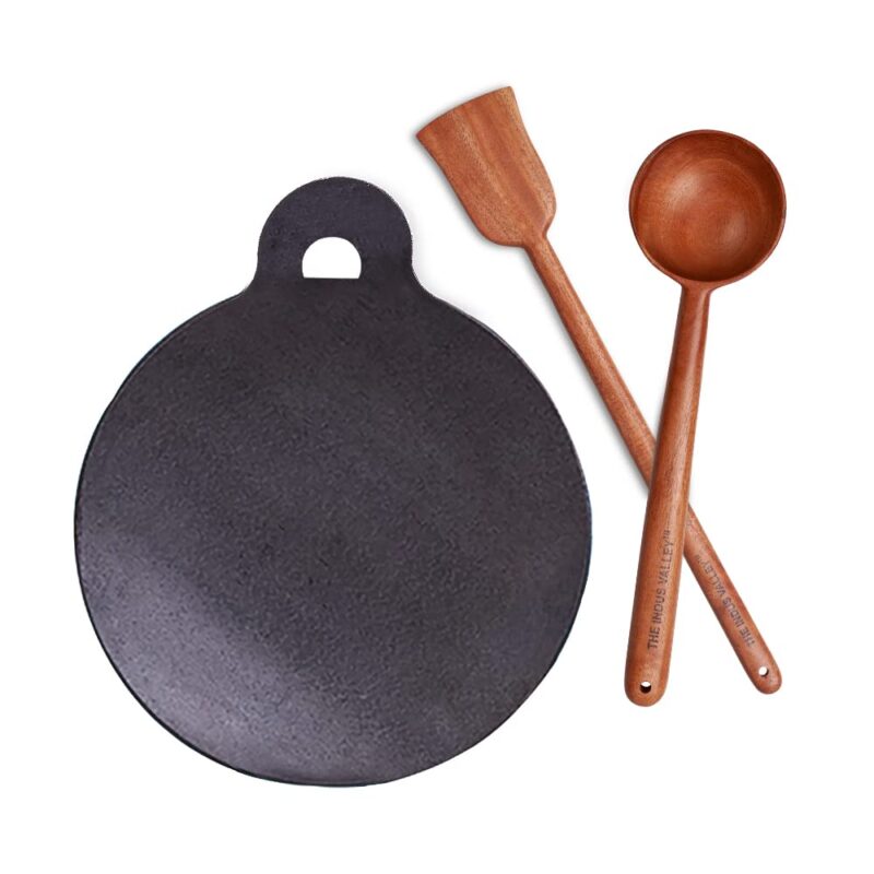 The Indus Valley Pre-Seasoned Iron Tawa with Wooden Spatula & Flip for Dosa/Chapathi | 28cm/11 inch, 1.5kg | Gas Compatible | 100% Pure & Toxin-Free, No Chemical Coating