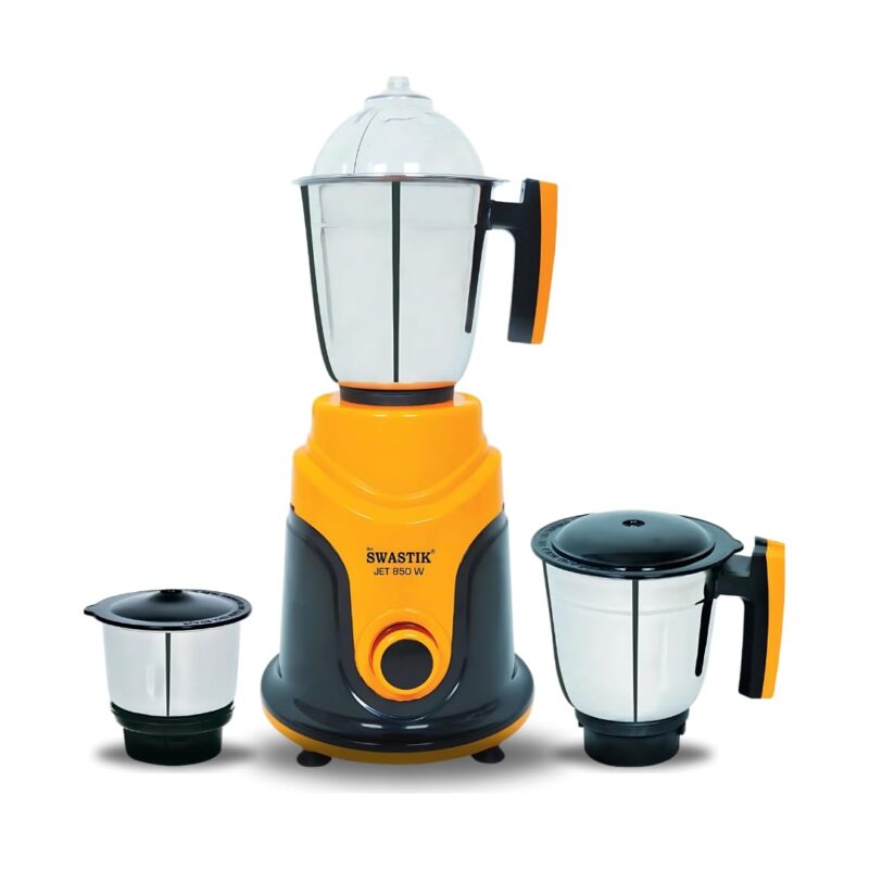 Sri Swastik Jet 850 Mixer Grinder | 850W Heavy-Duty Motor | 3 Stainless Steel Jars | Orange