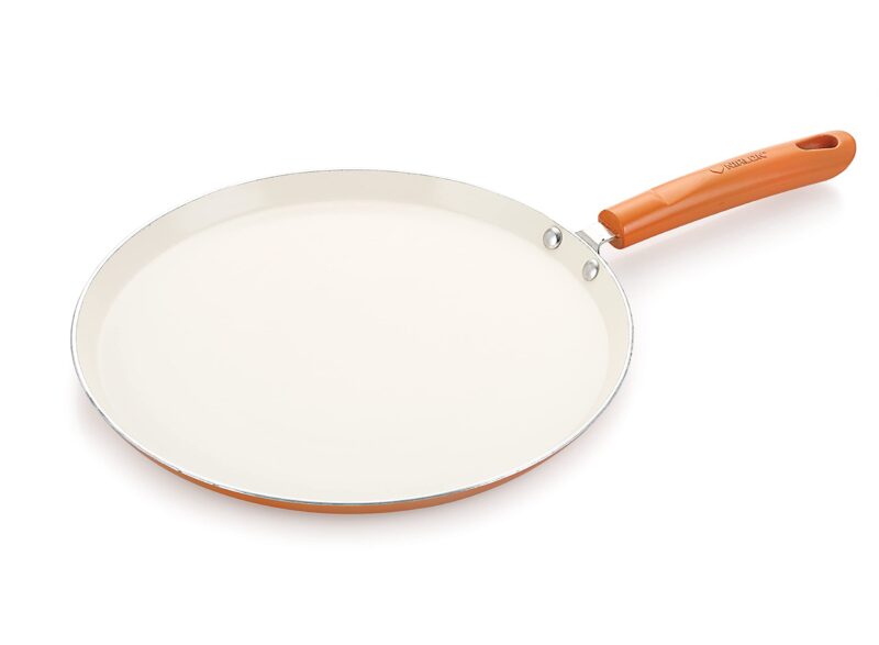 Nirlon Ceramic Flat Dosa Tawa 28cm,Heat-Resistant Handle, Heavy Guage 4mm Thick Aluminum Cookware for Induction/Gas Stove Tops, 4-Layer Nonstick Coatings, Orange(Ceramic_Flat_Tawa 28cm)