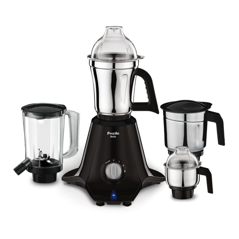 Preethi Boltz Mixer Grinder for Kitchen | 4 Jars 1000 Watts Mixie| 3 Stainless Steel Jar & 1 Blender Jar for Milkshake,Smoothie,Puree - Black (MG-288)