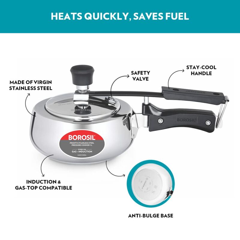 Borosil Pronto 1 L Inner Lid Stainless Steel Pressure Cooker | 6.8 mm Thick Base, Even Heat Distribution | Gas & Induction Campatible | 5 Years Warranty - Image 6