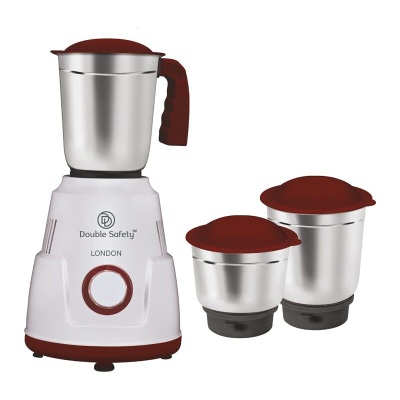 Double safety London Mixer Grinder 550 watts | 3 Stainless Steel Jars | Chutney Jar, Dry Grinding and Liquidizing jar to make chutneys, Milkshake, Smoothies, Puree | High Speed
