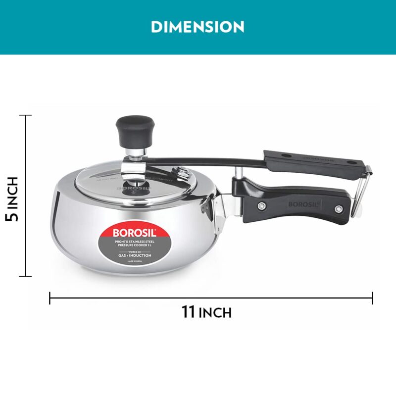 Borosil Pronto 1 L Inner Lid Stainless Steel Pressure Cooker | 6.8 mm Thick Base, Even Heat Distribution | Gas & Induction Campatible | 5 Years Warranty - Image 8