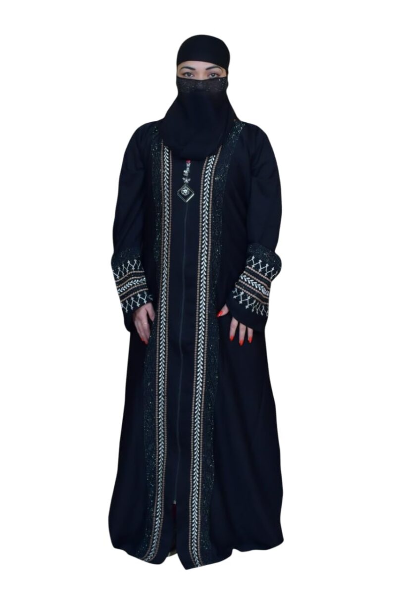 Women's Pure Cotton Muslim Abaya Burqa Bhurkha with Hijab | Dubai Style Front Patti and Sleeves Embroidery Dubai Abaya Kaftan Kaftan (Free Size)