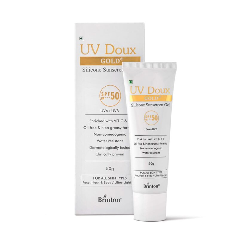 Brinton UV Doux Gold Silicone Sunscreen Gel SPF 50 pa+++ UVA/UVB With Broad Spectrum, Water Resistant Best SPF Sunscreen For Women, 50 g