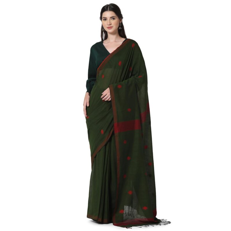 THE WEAVE TRAVELLER Handloom Green Cotton Jamdani Saree With Attached Unstitiched Blouse