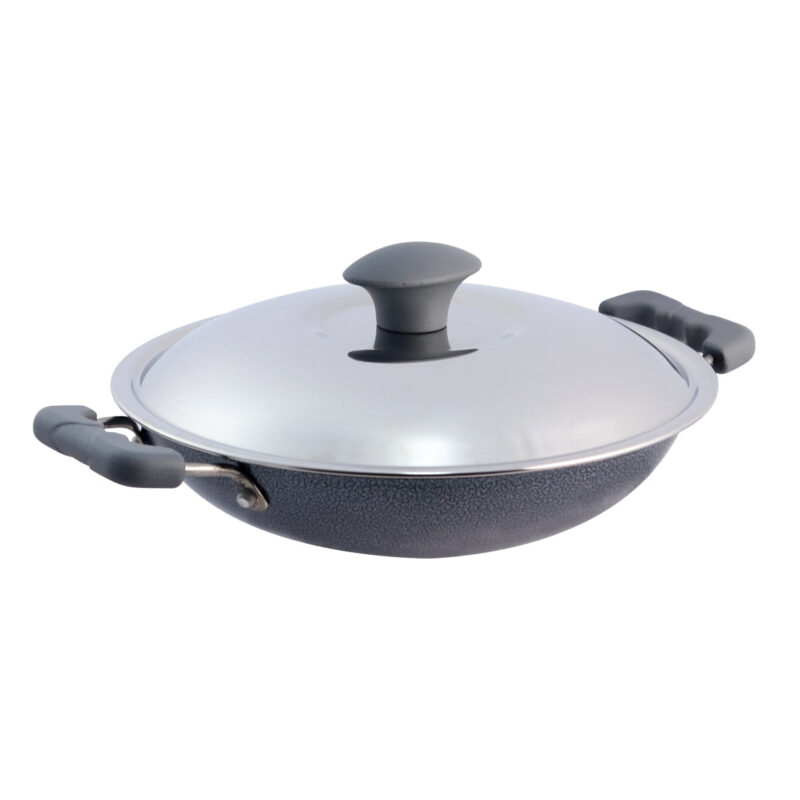 Appachetty Breakfast Pan with Lid | Nonstick Cookware | Appachatty | Chetty Pan | Appam Patra | Round Bottom Kadai | 3mm Thick | Black 22 cm | 1 Year Warranty