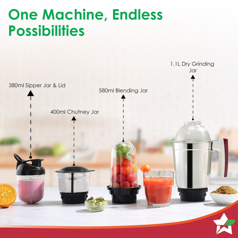 Acura Plus 500 W Mixer Grinder | 4 Stainless Steel Jars with Sipper Jar | Powerful Blending, Mixing, Grinding | 3-Speed & Pulse Function | Anti-Skid Feet | 5 Years Warranty on Motor | Red - Image 4