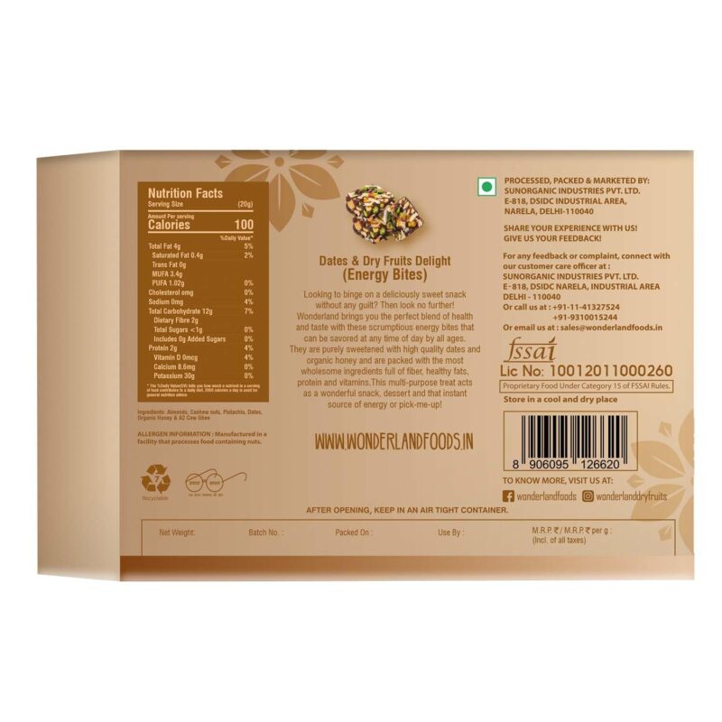 Wonderland Foods 350g Premium Dates And Dry Fruits Delight Box | Dry Fruits And Dates Bites | Made With Dates, Pistachios, Cashews, Almonds, Honey And Pure Ghee - Image 7