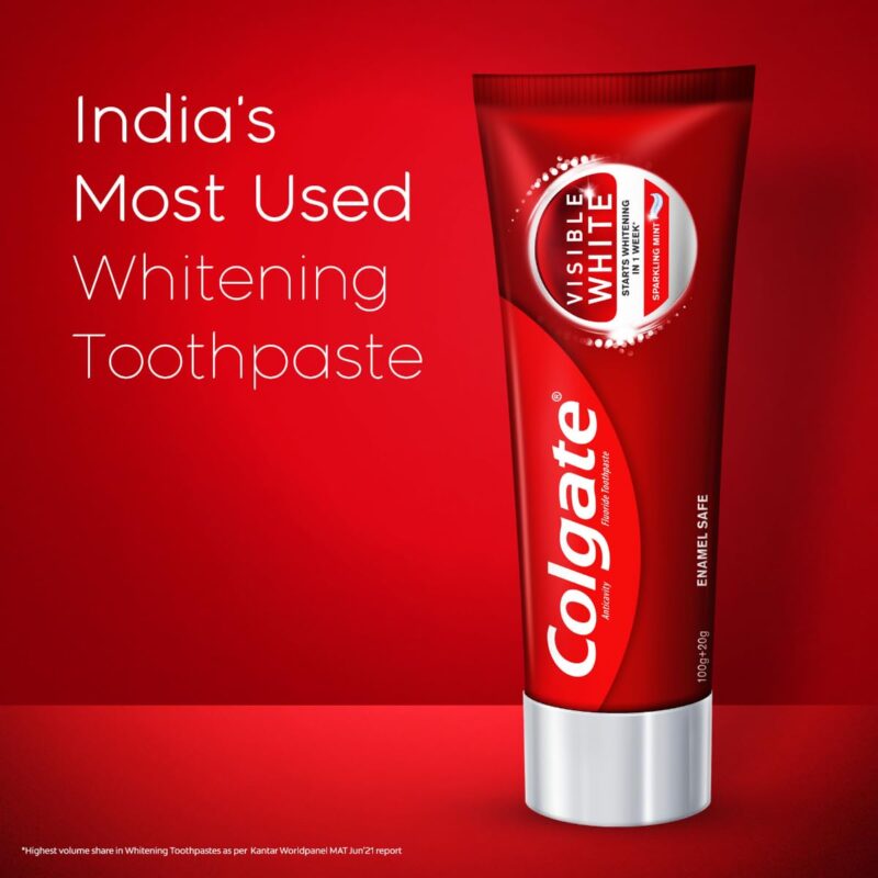 Colgate Visible White Toothpaste, Teeth Whitening Starts in 1 week, Safe on Enamel, Stain Removal Tooth Paste and Minty Flavour for Fresh Breath (200g + 40g, Combo Pack) - Image 6