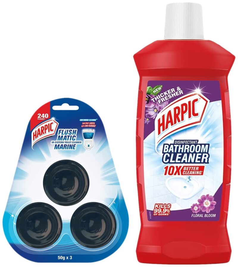 Harpic Flushmatic In-Cistern Toilet Cleaner Blocks, Marine - 150 g | Lasts Upto 240 Flushes & Disinfectant Bathroom Cleaner Liquid, Floral - 1 L | India's # 1 Bathroom Cleaner