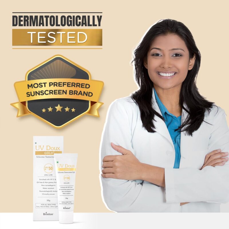 Brinton UV Doux Gold Silicone Sunscreen Gel SPF 50 pa+++ UVA/UVB With Broad Spectrum, Water Resistant Best SPF Sunscreen For Women, 50 g - Image 2