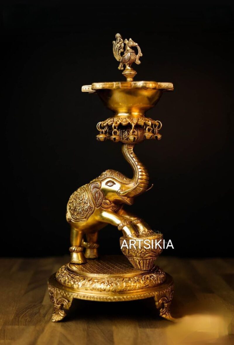 ARTSIKIA Brass Elephant Lifting Lotus Lamp with Ghungroos Elephant Diya Stand | Golden Colored Brass Idol, Weight: 7k | Peacock Diya on Dancing Elephant