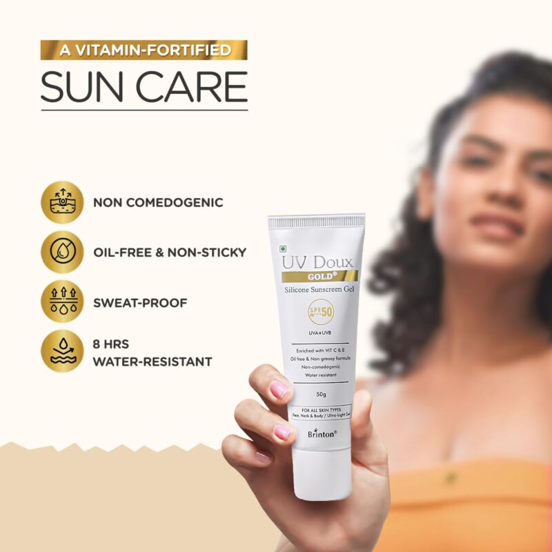 Brinton UV Doux Gold Silicone Sunscreen Gel SPF 50 pa+++ UVA/UVB With Broad Spectrum, Water Resistant Best SPF Sunscreen For Women, 50 g - Image 4