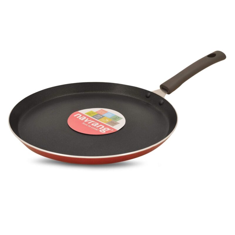 NAVRANG Cookware Aluminium Dosa Tawa 27.5cm | Non-Stick Tava with Soft Touch Handle | Non Induction - Red