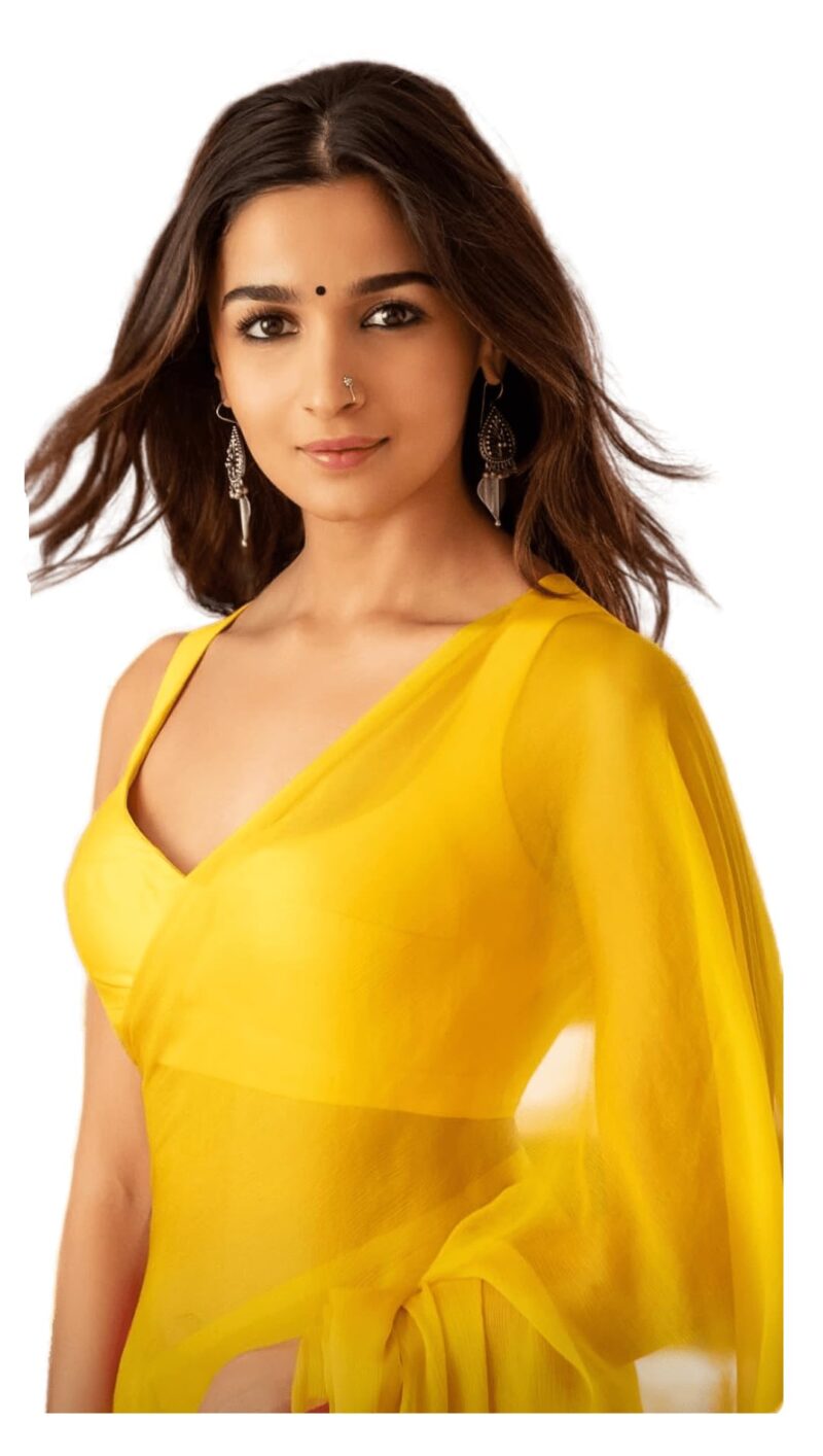 StyleScope Women's Plain Pure Georgette Saree With Unstitched Blouse Piece (Rocky Rani Yellow_Yellow_Free Size)
