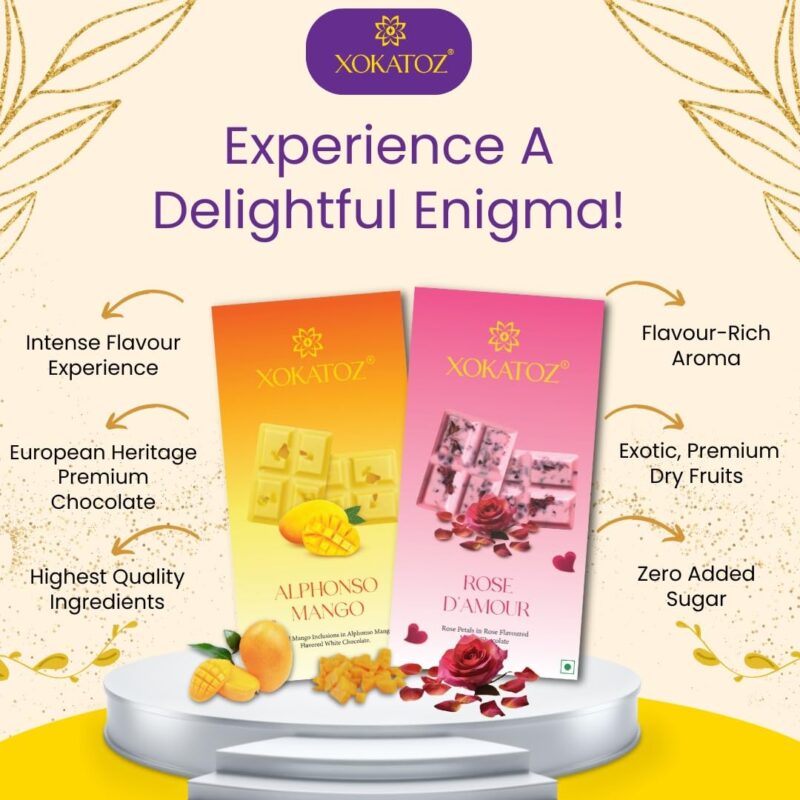 XOKATOZ Exotic Premium Chocolate - 1 Rose D’Amour + 1 Alphonso Mango Flavour - Flavoured White Chocolate Bars - Gift Set - Pack of 2, 150 gm (75gm X 2) - Image 4