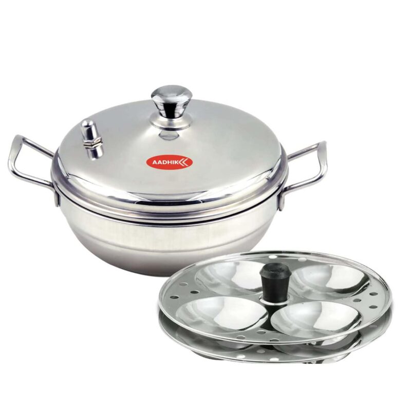Aadhik Stainless Steel Multi Purpose Kadai with Steel Lid, Idli Maker 2 Idli Plate 8 Cavity Idli Cooker Stainless Steel Idly Pot with Steamer, Silver