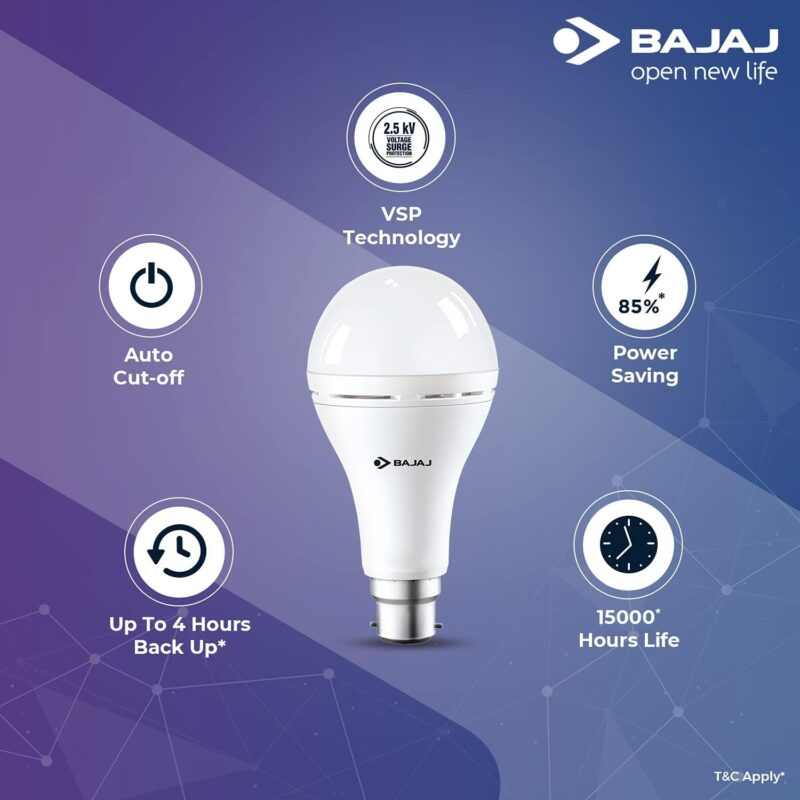 Bajaj LEDZ 8.5W Rechargeable Emergency Inverter LED Bulb, Cool Day Light, White, Upto 4 Hours Battery, b22d - Image 3
