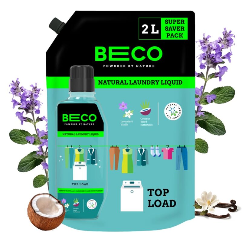 Beco Matic-Top Load Natural Laundry Liquid Detergent| 2 Litre Super Value Refill | Natural Formula for Tough Stain Removal & Fabric Care | No Harsh Chemicals | 100% Ecofriendly (2L)