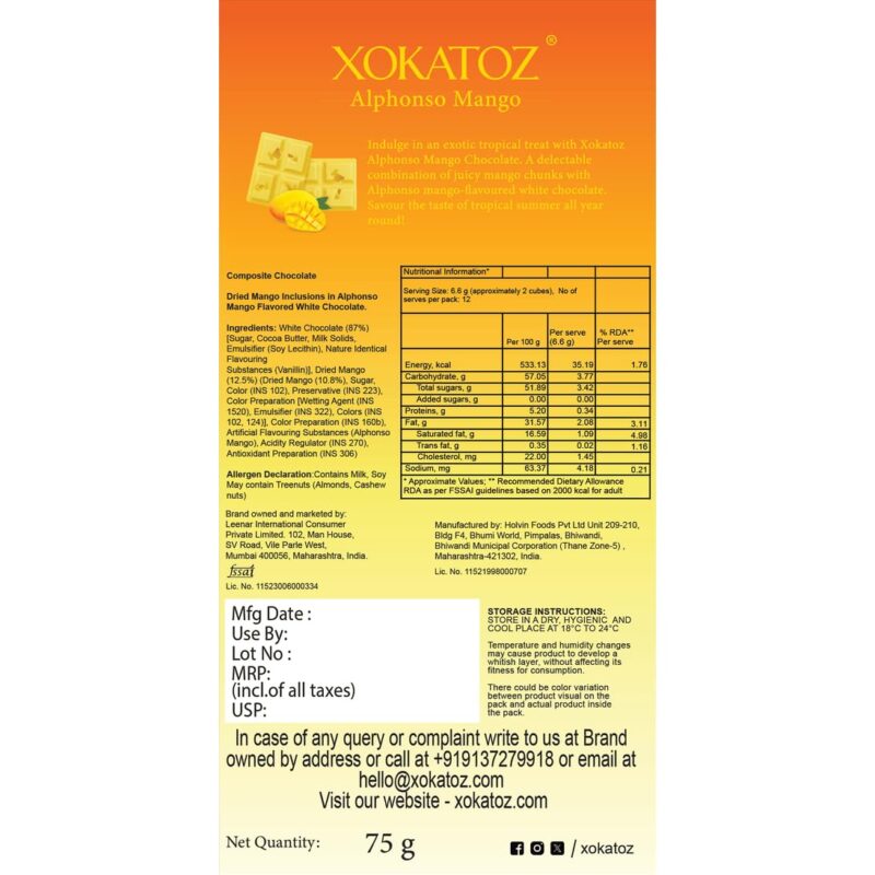 XOKATOZ Exotic Premium Chocolate - 1 Alphonso Mango Flavoured White Chocolate Bar - Gift Set - Pack of 1, 75g (75g x 1) - Image 5
