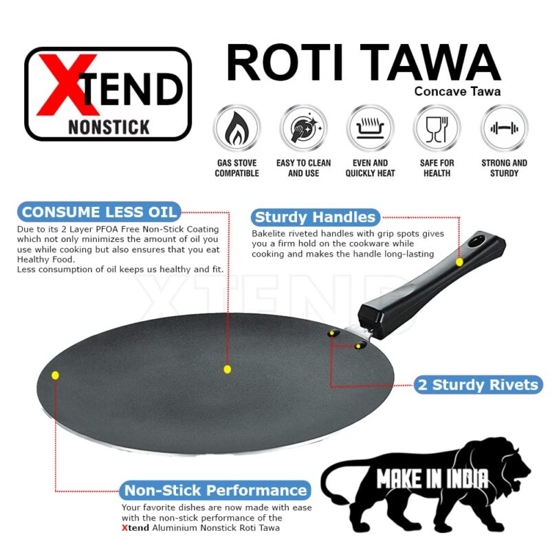 Xtend Supreme Nonstick Dosa Tawa and Concave Tawa(Roti Tawa) 2pcs Combo Set, 27.5 cm Diameter (Aluminium, Non-Stick) Gas Stove Compatible only - Image 6