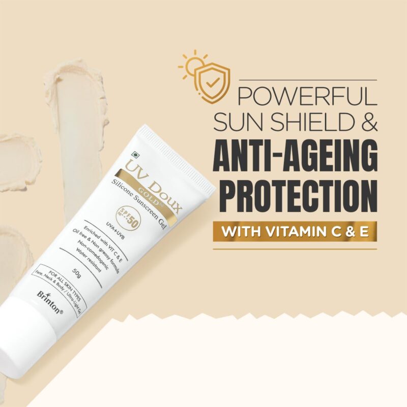 Brinton UV Doux Gold Silicone Sunscreen Gel SPF 50 pa+++ UVA/UVB With Broad Spectrum, Water Resistant Best SPF Sunscreen For Women, 50 g - Image 6