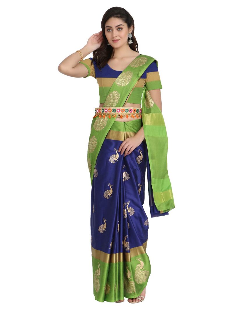 Leriya Fashion Women's Soft Cotton Silk Foli Work (jari Work) Saree with Belt(Free Size) (Blue)