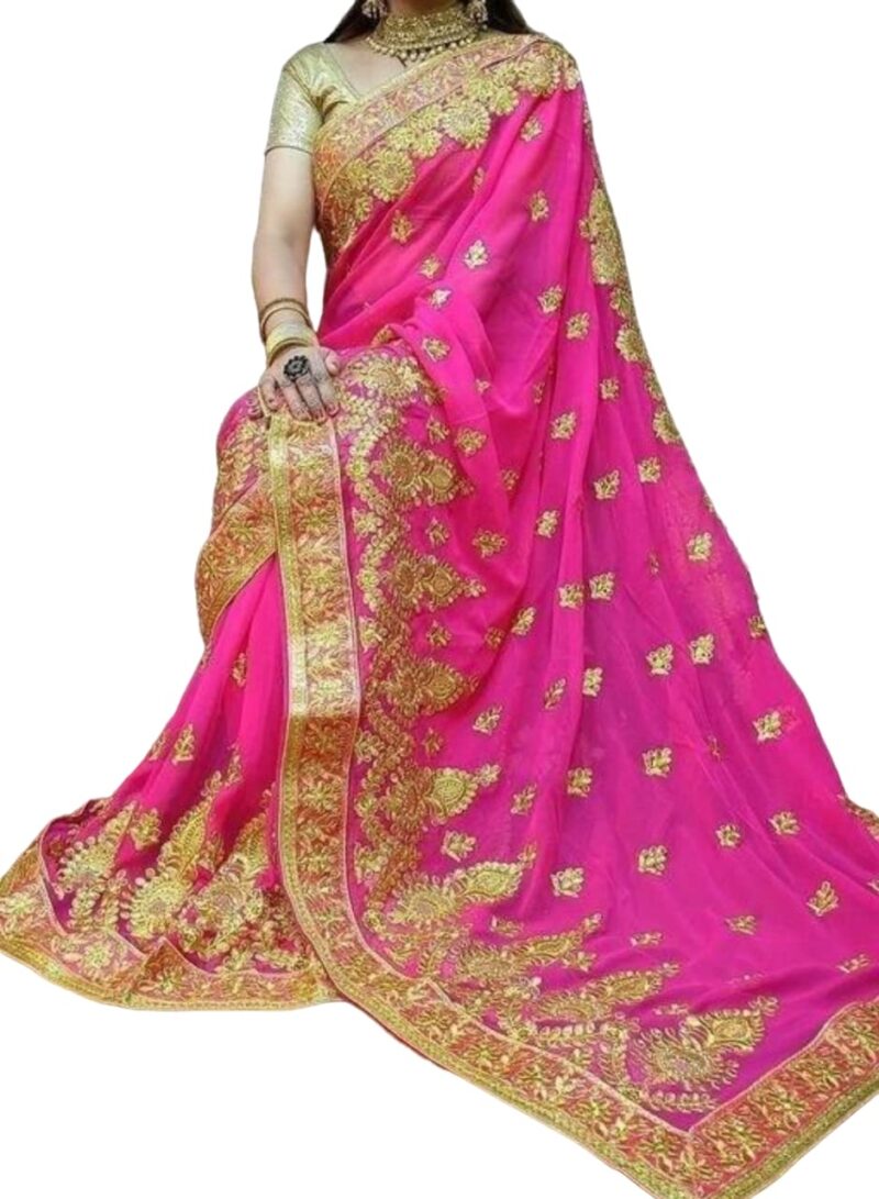 KHRITI FAB Women's New Georgette Embroidered Sari With Unstitched Blouse Piece(Free Size) (Gajari)