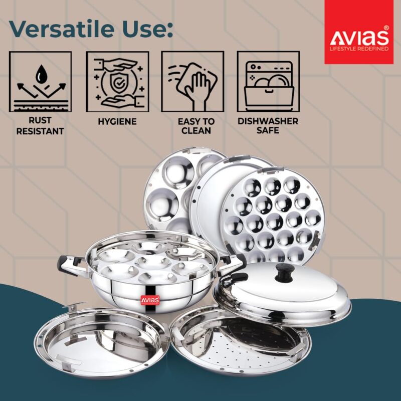 AVIAS All Rounder Premium Stainless Steel Induction Friendly Multipurpose Kadai, Kadhai Set with 6 Plates (1 Mini Idly Plate, 2 Big Idli Plates-14 Idlies, 2 Dhokla Plates, 1 Steamer Plate) - Image 7
