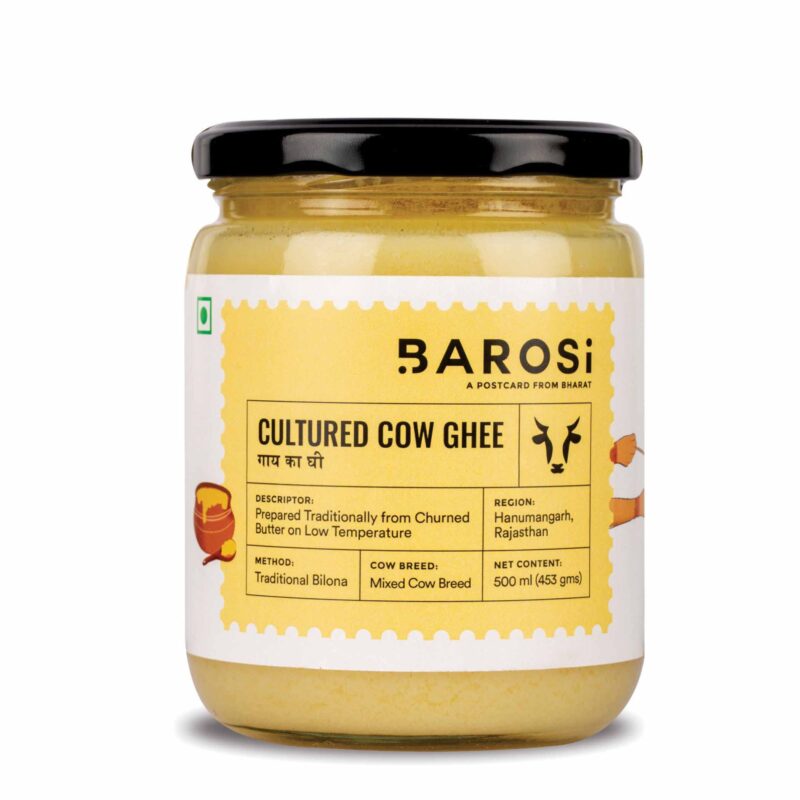 Barosi Premium Cultured Desi Cow Ghee 500 ml | Vedic Bilona Method | Churned from Curd | Pure & Natural | Farm Made in Small Batches | Glass Jar Packing