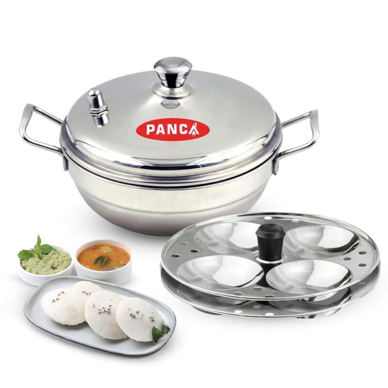 PANCA Stainless Steel Multi Purpose Kadai with Steel Lid, Idli Maker 2 Idli Plate 8 Cavity Idli Cooker Stainless Steel Idly Pot with Steamer