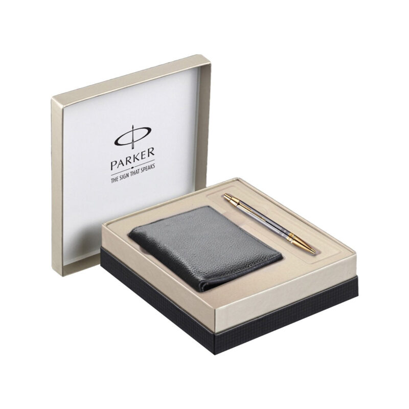 Parker Chiseled Shiny Chrome Gold Trim Ballpoint Pen, Blue Ink with Wallet